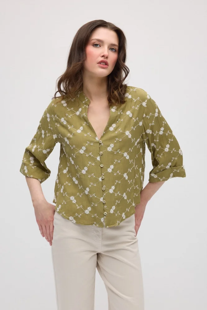 Embroidered Cropped Shirt - Khaki Khaki