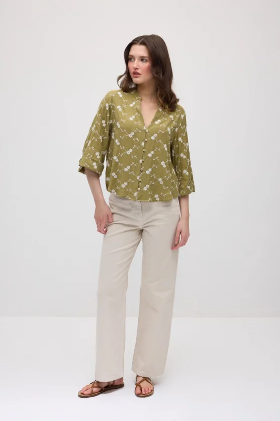 Embroidered Cropped Shirt - Khaki - Gusto