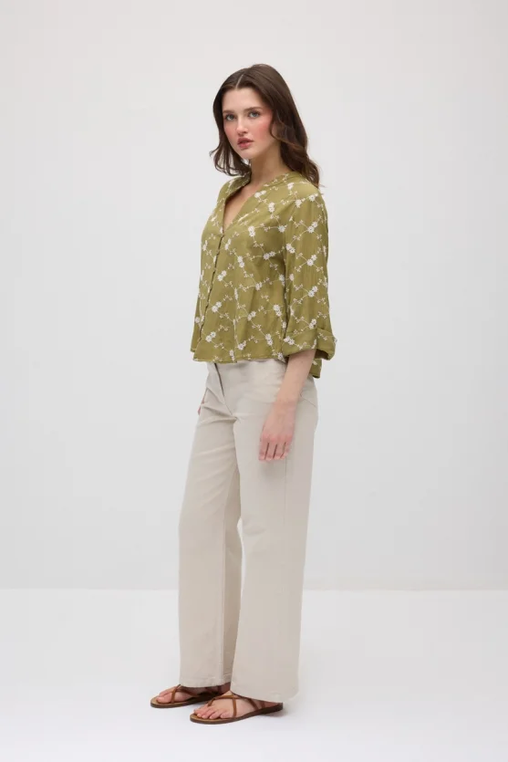 Embroidered Cropped Shirt - Khaki - Gusto