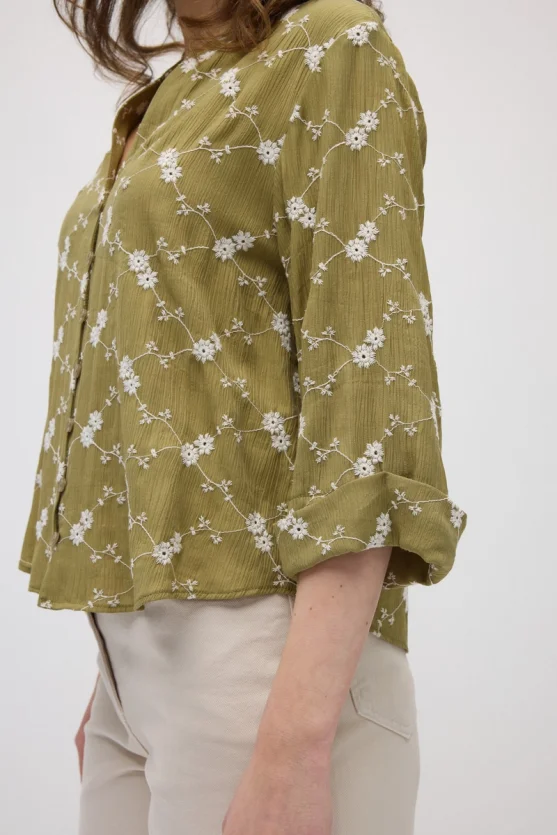 Embroidered Cropped Shirt - Khaki - Gusto