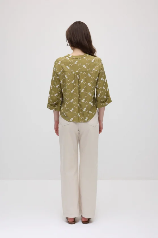 Embroidered Cropped Shirt - Khaki - Gusto