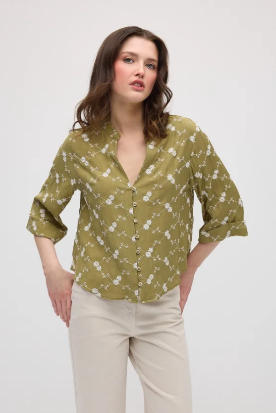 Embroidered Cropped Shirt - Khaki - 1