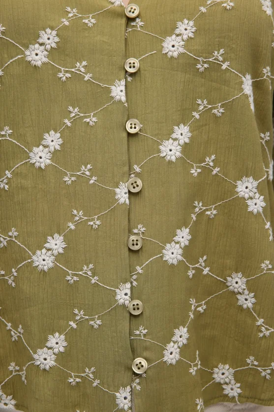 Embroidered Cropped Shirt - Khaki - Gusto