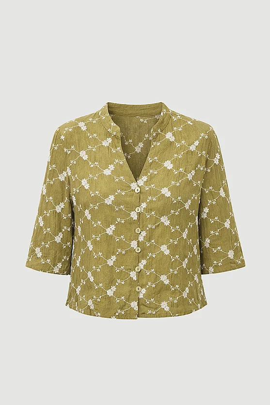 Embroidered Cropped Shirt - Khaki - 7