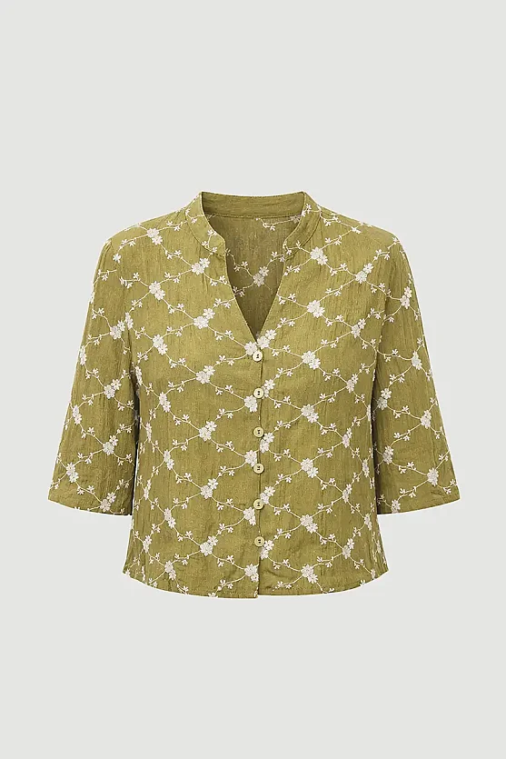 Embroidered Cropped Shirt - Khaki - Gusto