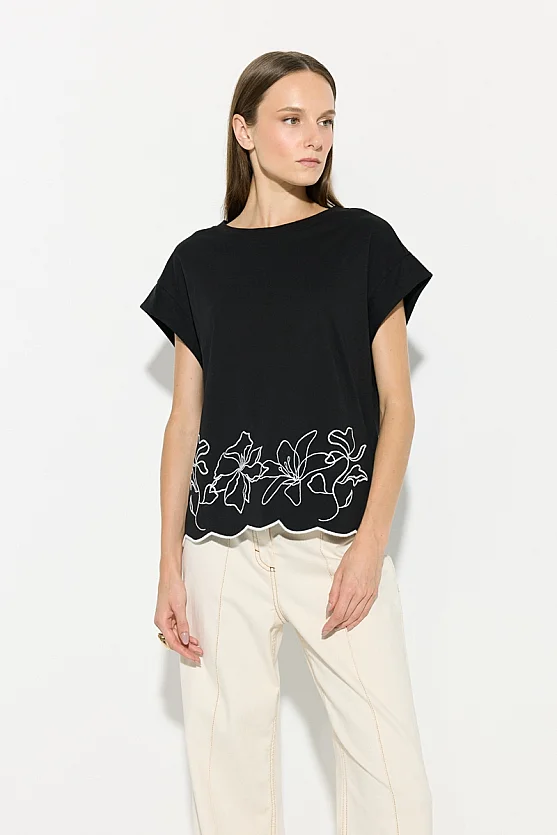 Embroidered Drop Sleeve Cotton T-Shirt - Black - Gusto