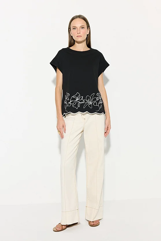 Embroidered Drop Sleeve Cotton T-Shirt - Black - Gusto