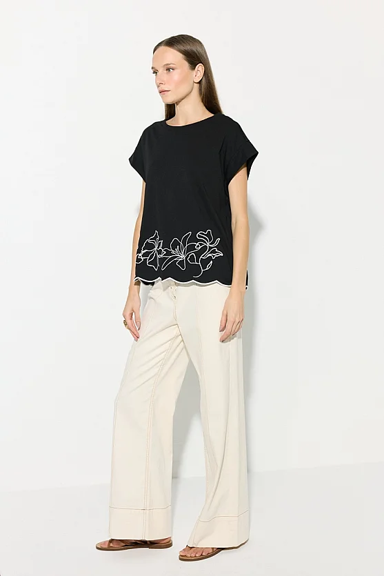 Embroidered Drop Sleeve Cotton T-Shirt - Black - 5