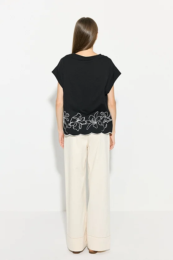 Embroidered Drop Sleeve Cotton T-Shirt - Black - Gusto