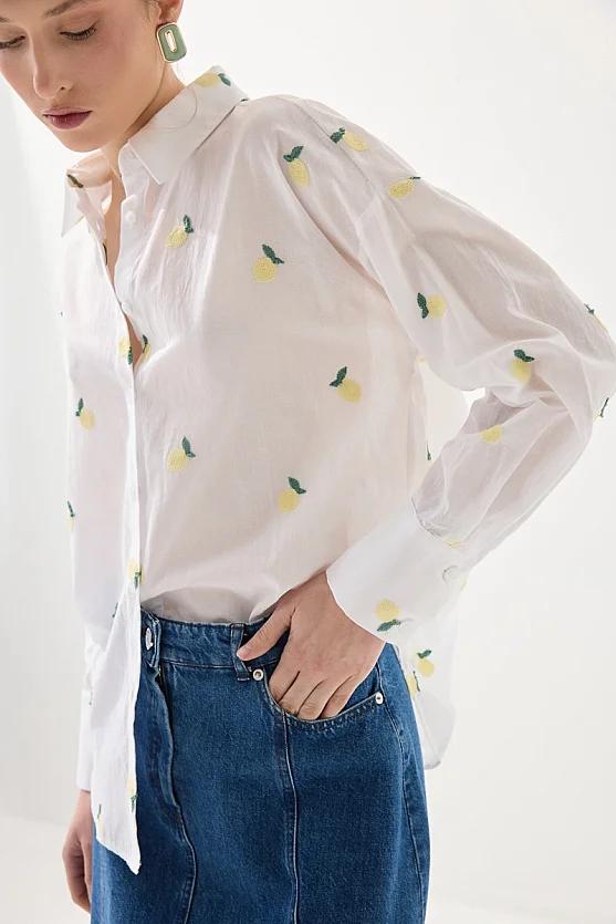 Embroidered Lemon Pattern Cotton Shirt - White - 5