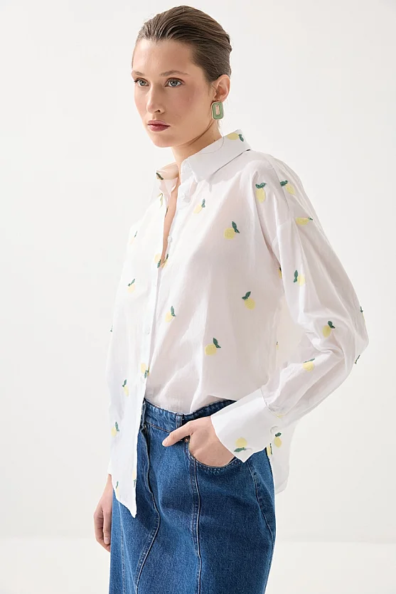 Embroidered Lemon Pattern Cotton Shirt - White - Gusto