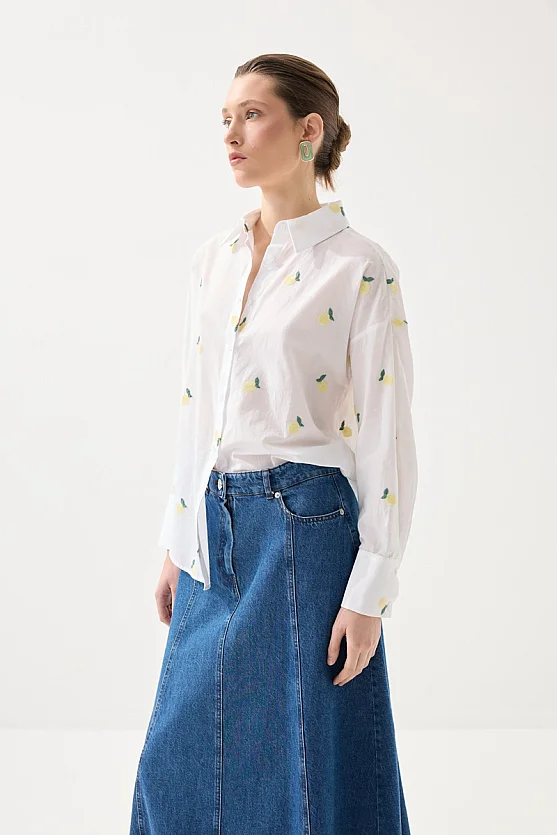 Embroidered Lemon Pattern Cotton Shirt - White - 4
