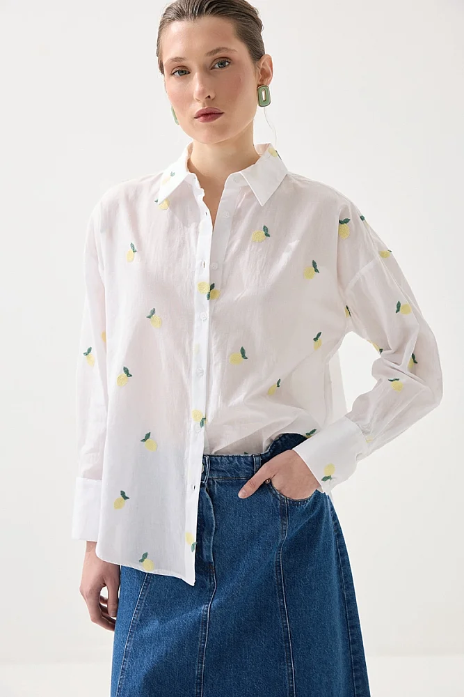 Embroidered Lemon Pattern Cotton Shirt - White White