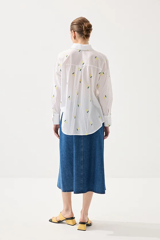 Embroidered Lemon Pattern Cotton Shirt - White - Gusto