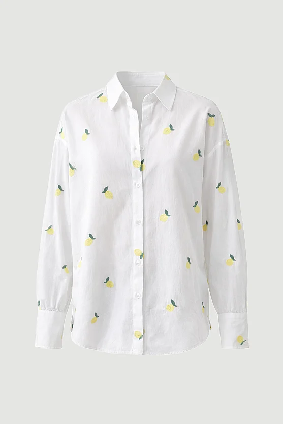 Embroidered Lemon Pattern Cotton Shirt - White - Gusto