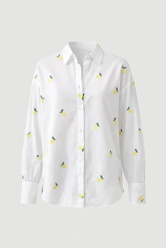 Embroidered Lemon Pattern Cotton Shirt - White - Gusto