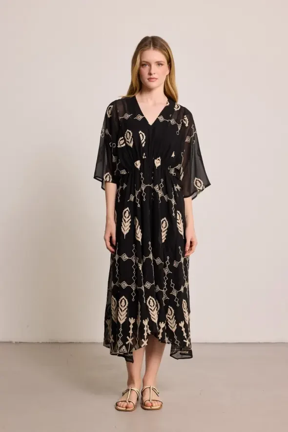 Embroidered Lined Long Chiffon Dress - Black - Gusto
