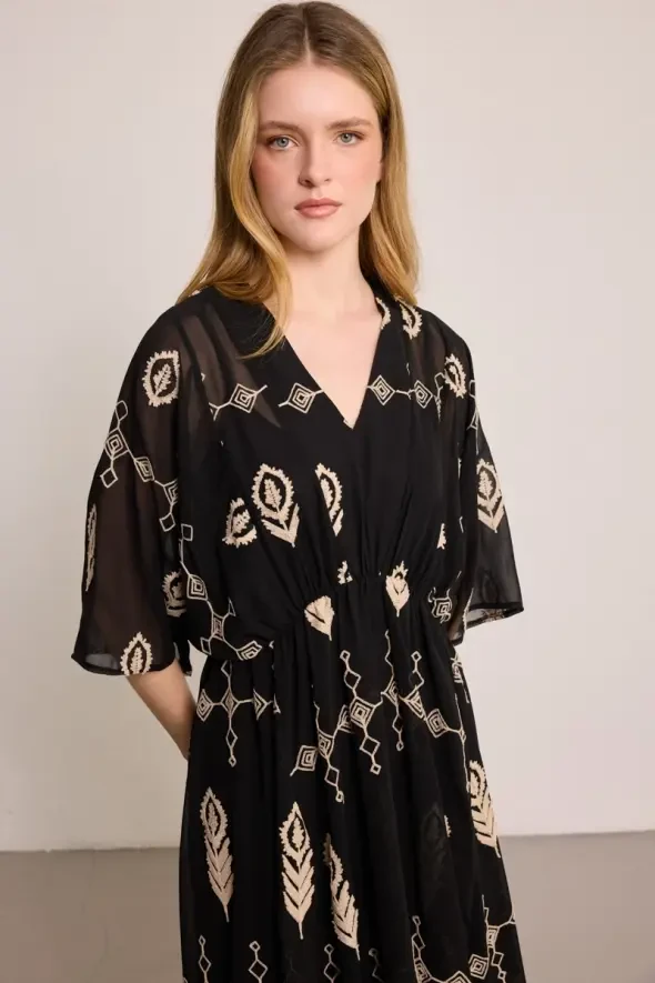 Embroidered Lined Long Chiffon Dress - Black - Gusto