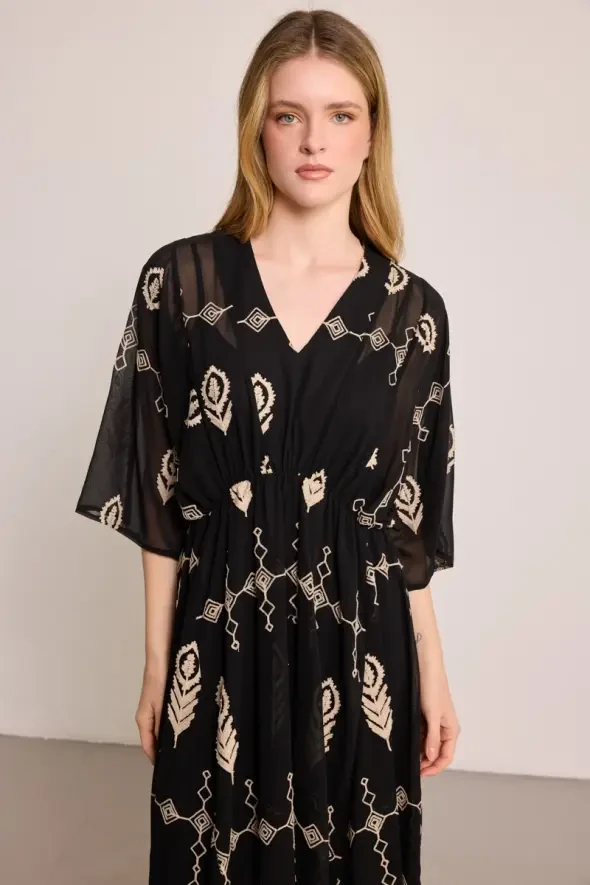 Embroidered Lined Long Chiffon Dress - Black - Gusto