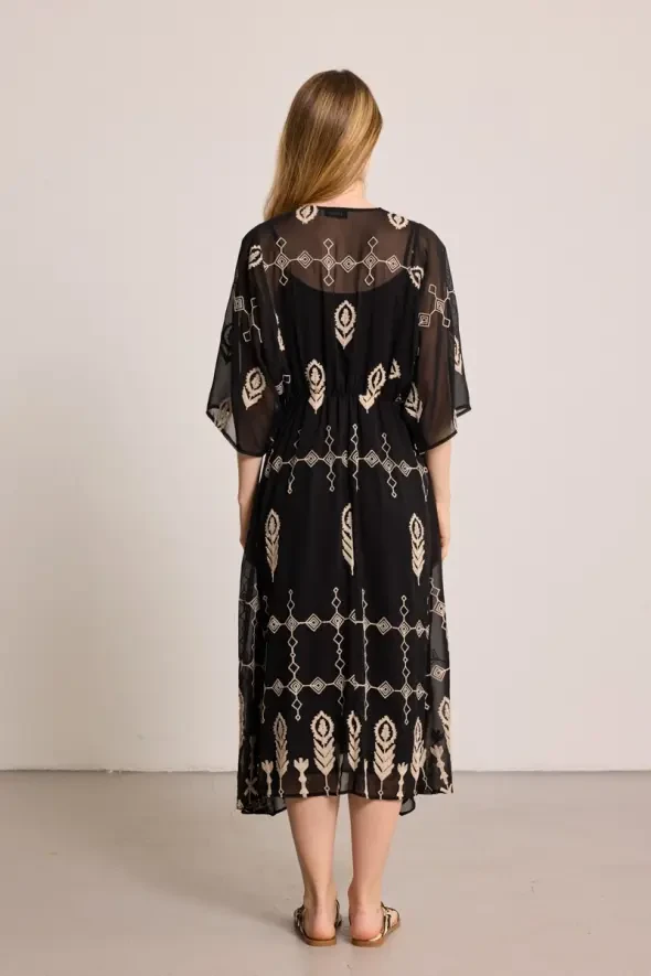 Embroidered Lined Long Chiffon Dress - Black - Gusto