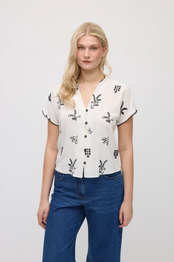 Embroidered Linen Blouse - Ecru - 4