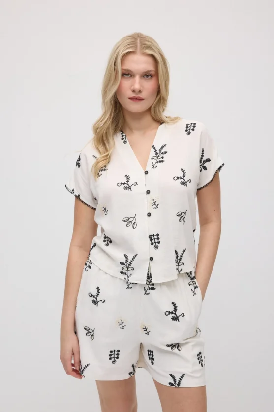 Embroidered Linen Blouse - Ecru - 5