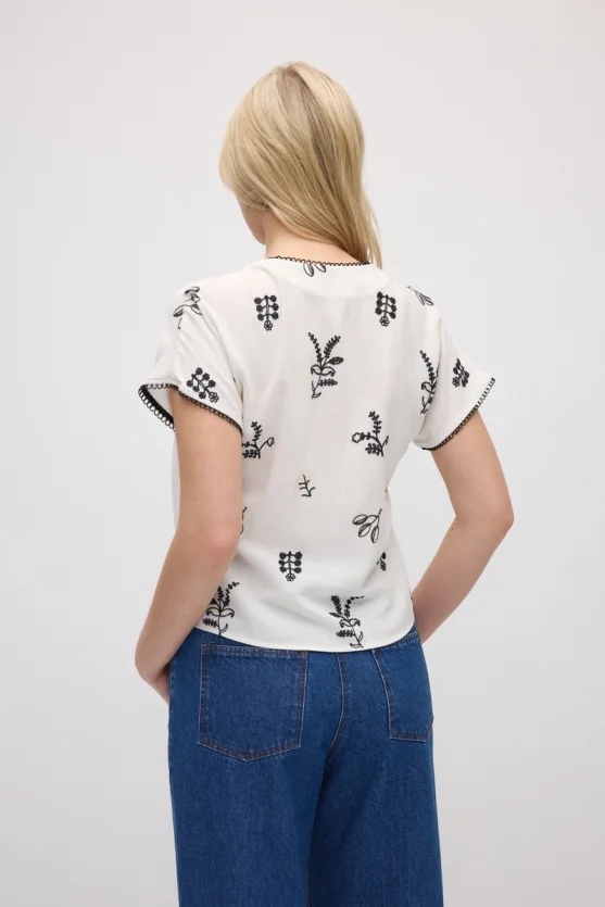 Embroidered Linen Blouse - Ecru - 6