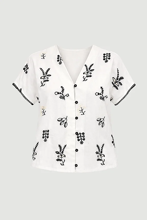 Embroidered Linen Blouse - Ecru - 7