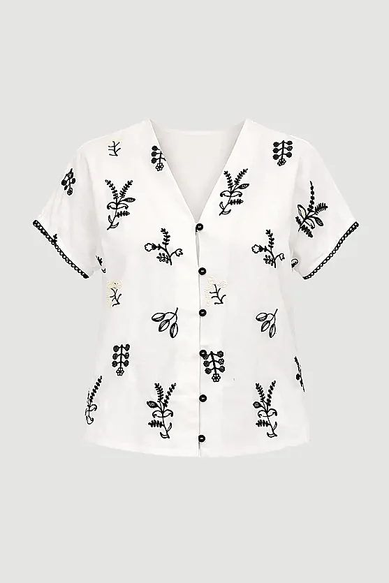 Embroidered Linen Blouse - Ecru - 7