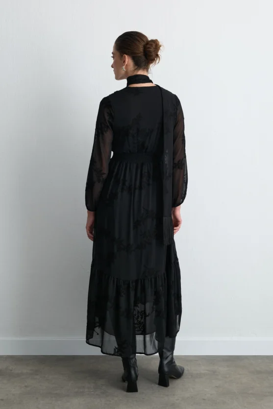 Embroidered Long Chiffon Dress with Scarf Detail - Black - Gusto