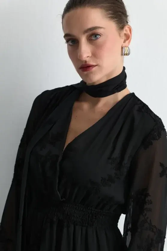 Embroidered Long Chiffon Dress with Scarf Detail - Black - 3