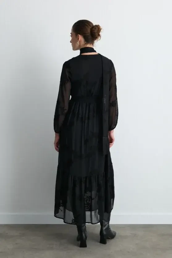 Embroidered Long Chiffon Dress with Scarf Detail - Black - 6