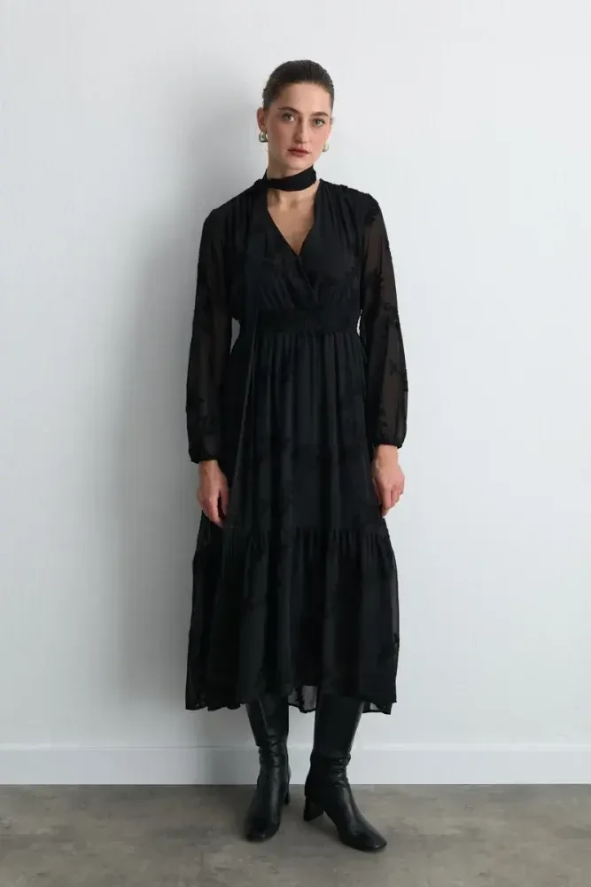 Embroidered Long Chiffon Dress with Scarf Detail - Black Black