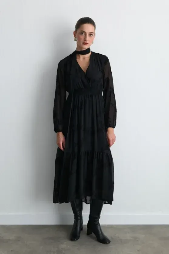 Embroidered Long Chiffon Dress with Scarf Detail - Black - 1