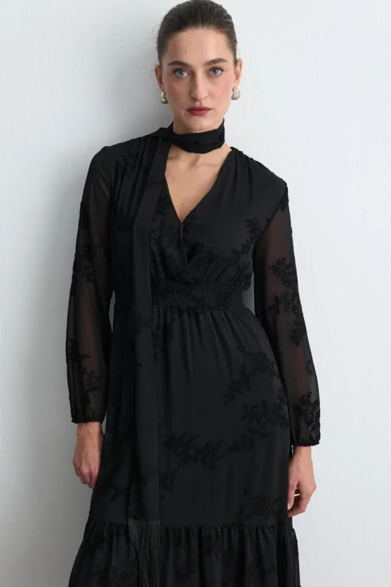 Embroidered Long Chiffon Dress with Scarf Detail Black - 2