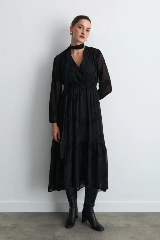 Embroidered Long Chiffon Dress with Scarf Detail Black - Gusto