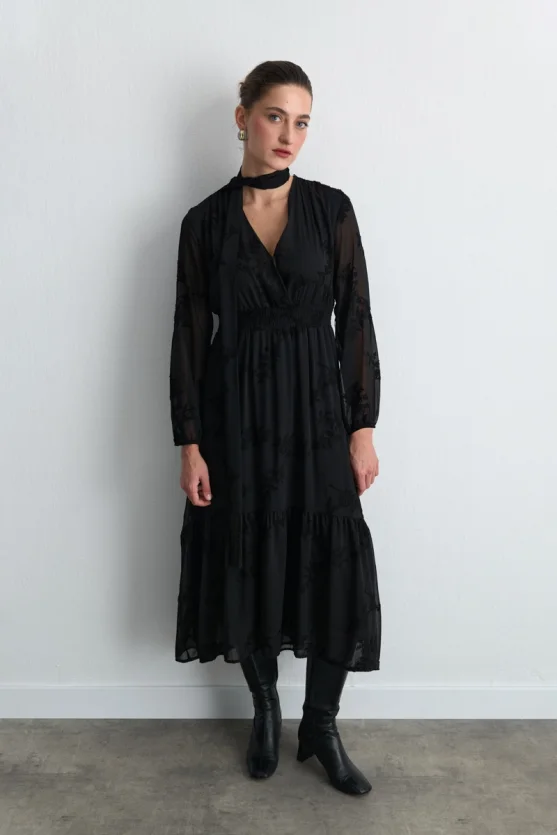 Embroidered Long Chiffon Dress with Scarf Detail Black - 5