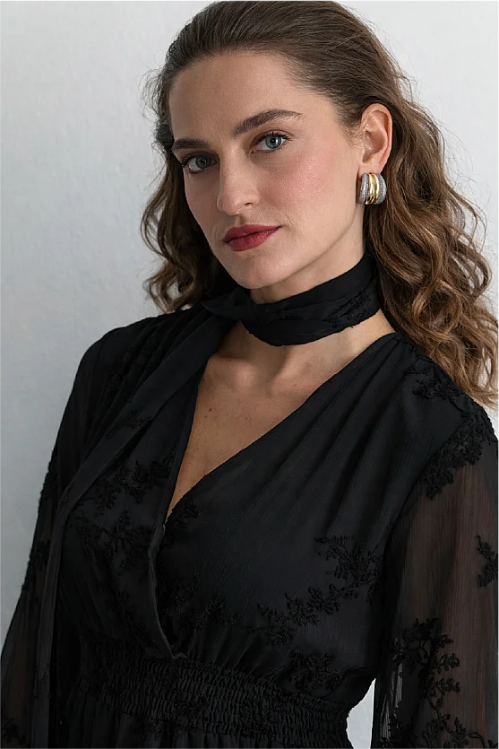 Embroidered Long Chiffon Dress with Scarf Detail Black - 3