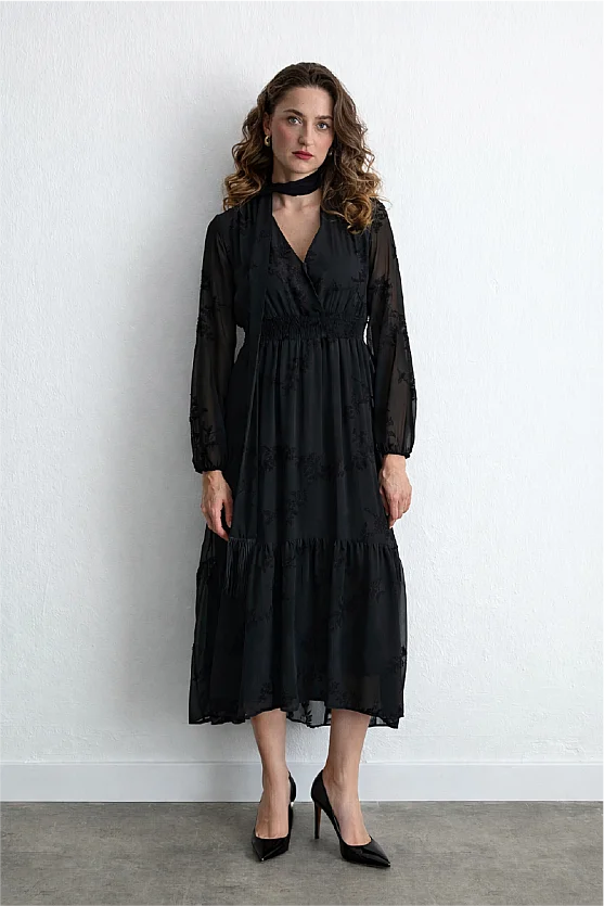 Embroidered Long Chiffon Dress with Scarf Detail Black - 1