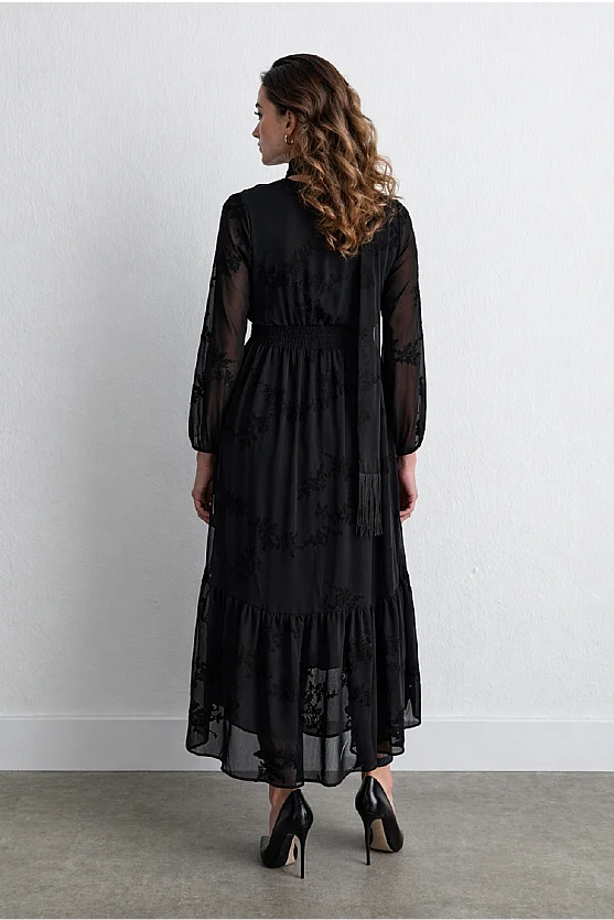Embroidered Long Chiffon Dress with Scarf Detail Black - 5