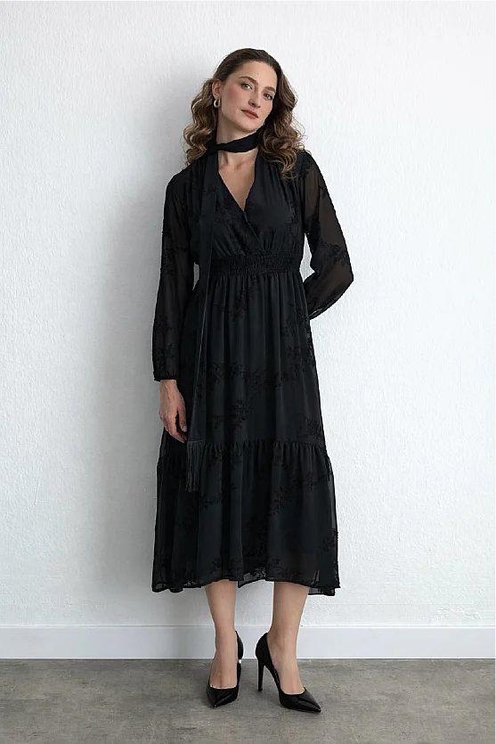 Embroidered Long Chiffon Dress with Scarf Detail Black - Gusto