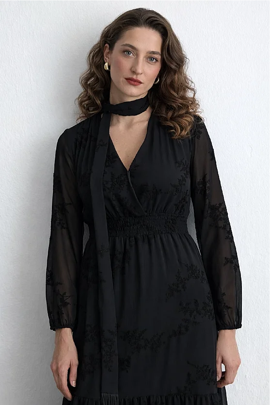 Embroidered Long Chiffon Dress with Scarf Detail Black - 2