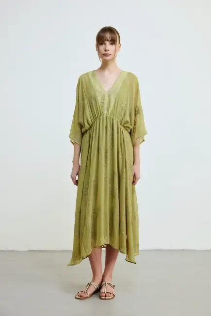Embroidered Long Lined Chiffon Dress - Green Green