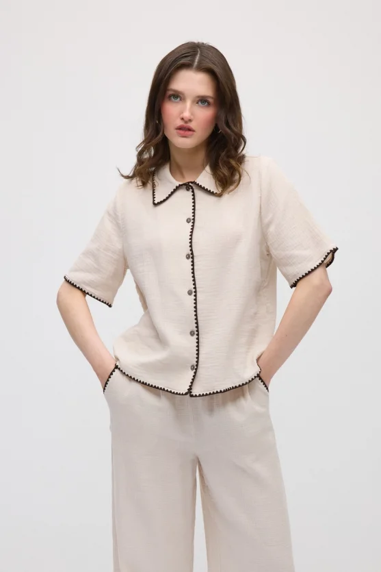 Embroidered Muslin Cotton Shirt - Beige - Gusto