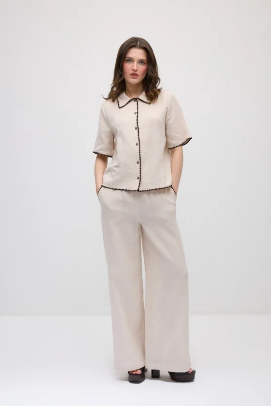 Embroidered Muslin Cotton Shirt - Beige - 2