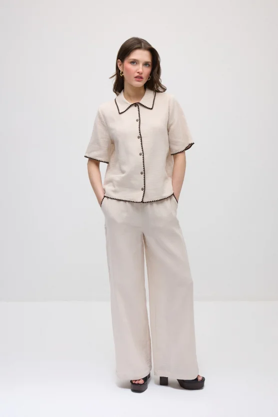Embroidered Muslin Cotton Shirt - Beige - 5
