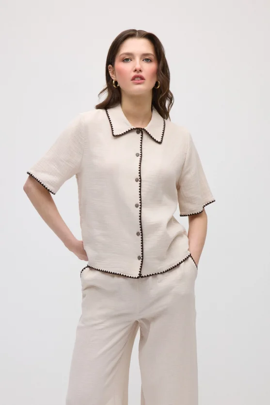 Embroidered Muslin Cotton Shirt - Beige - 3