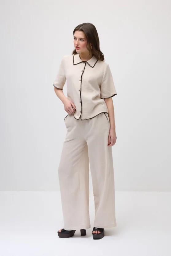 Embroidered Muslin Cotton Shirt - Beige - 4