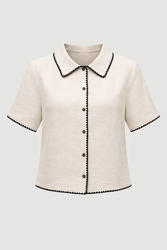 Embroidered Muslin Cotton Shirt - Beige - Gusto