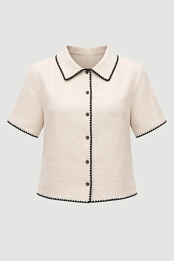 Embroidered Muslin Cotton Shirt - Beige - 7